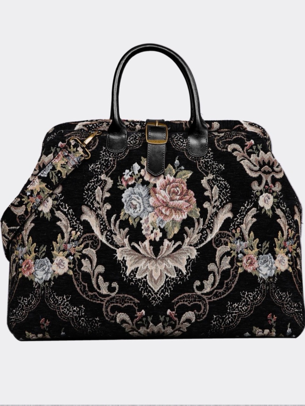 Black Floral Tapestry Satchel with Detachable Strap